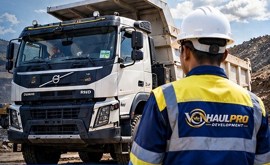 Dump truck dan operator menggunakan perlengkapan keselamatan di area tambang