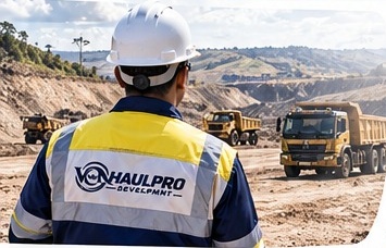 Operator dengan helm dan rompi keselamatan di area kerja